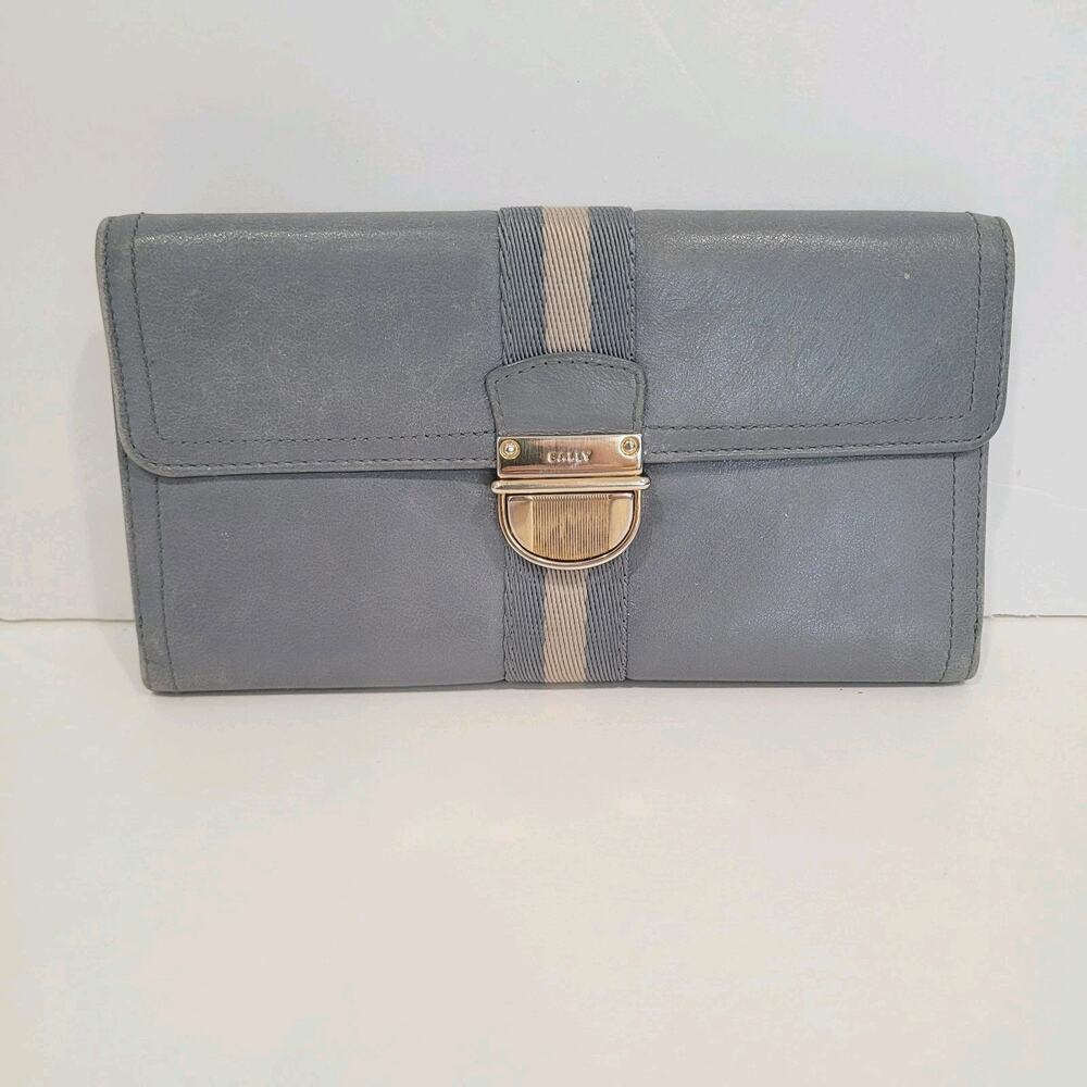 Bally Switzerland Wallet Organizer Blue Large Leather Clutch Clasp Striped Logo